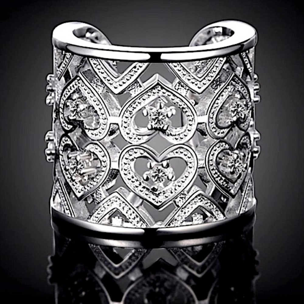 NEW STERLING SILVER WIDE BAND ZIRCONIA HEART CUFF RING